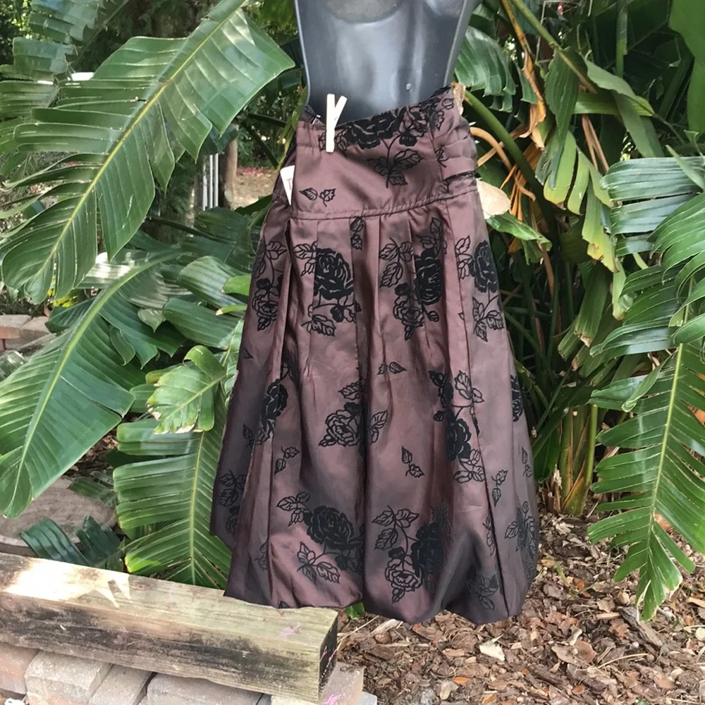 Metallic bronze dark floral bubble skirt with velvet rosette